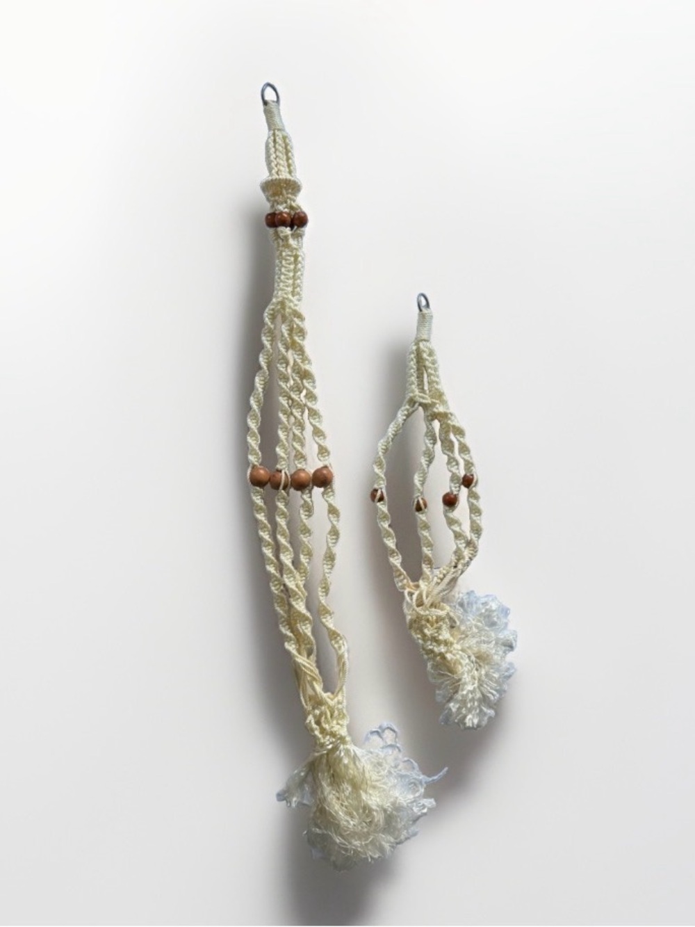 Vintage Macrame Plant Hanger Lot Cream Poly Cord Wood Beads 70s Boho 26" & 42"